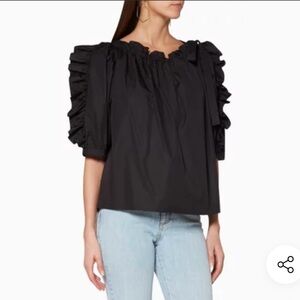 See By Chloe Ruffled Pouf Sleeved Black Cotton Blouse with Bow